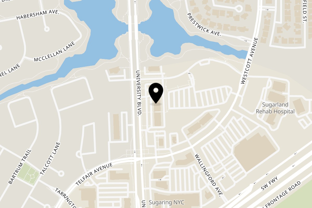 Map showing the location of OMG! Burger Sugar Land on 13425 University Blvd #500 in Sugar Land